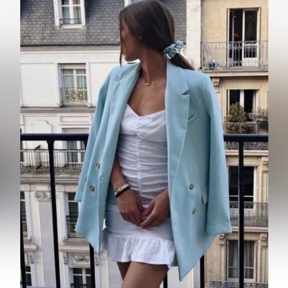 Zara Sky Blue Flowy Satin Blazer Size L NEW